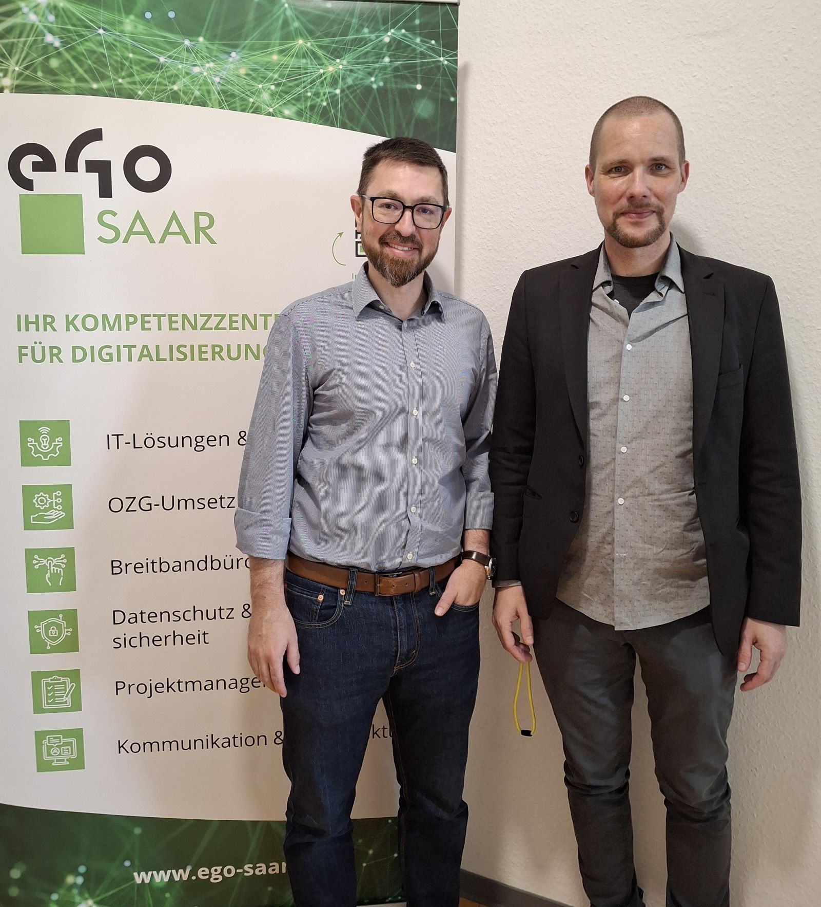 Christophe Boutter (Geschäftsführung eGo-Saar) und Jonas Andrulis (CEO Aleph Alpha) bei der Auftaktveranstaltung für die saarländischen Pilotkommunen.